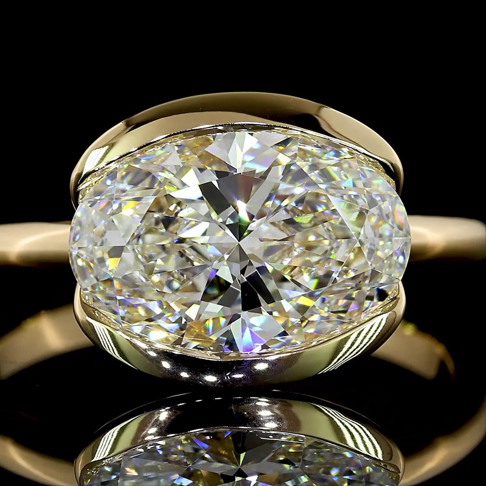 14K Yellow Gold East-West Oval Lab Diamond Solitaire Ring with Half-Bezel Setting - 2.57 Carat E VVS2 IGI Certified - Covaloro Fine Jewelry