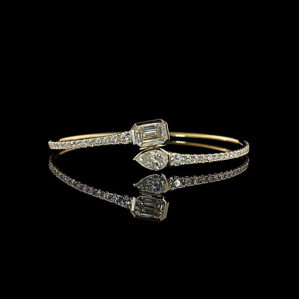 14K Yellow Gold East-West Pear and Emerald Cut Diamond Bangle Bracelet - 4.72 Carat Total Weight Lab Diamonds - Covaloro Fine Jewelry
