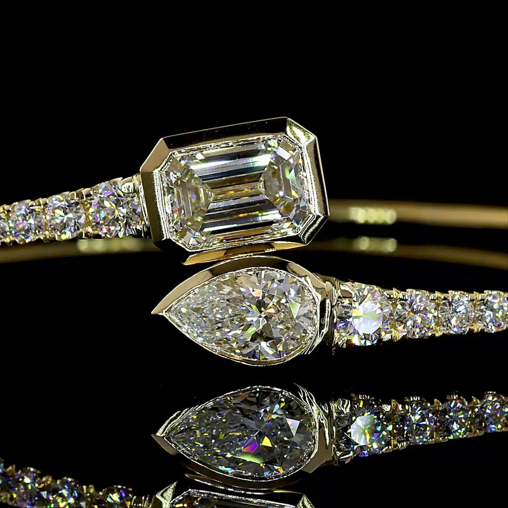 14K Yellow Gold East-West Pear and Emerald Cut Diamond Bangle Bracelet - 4.72 Carat Total Weight Lab Diamonds - Covaloro Fine Jewelry