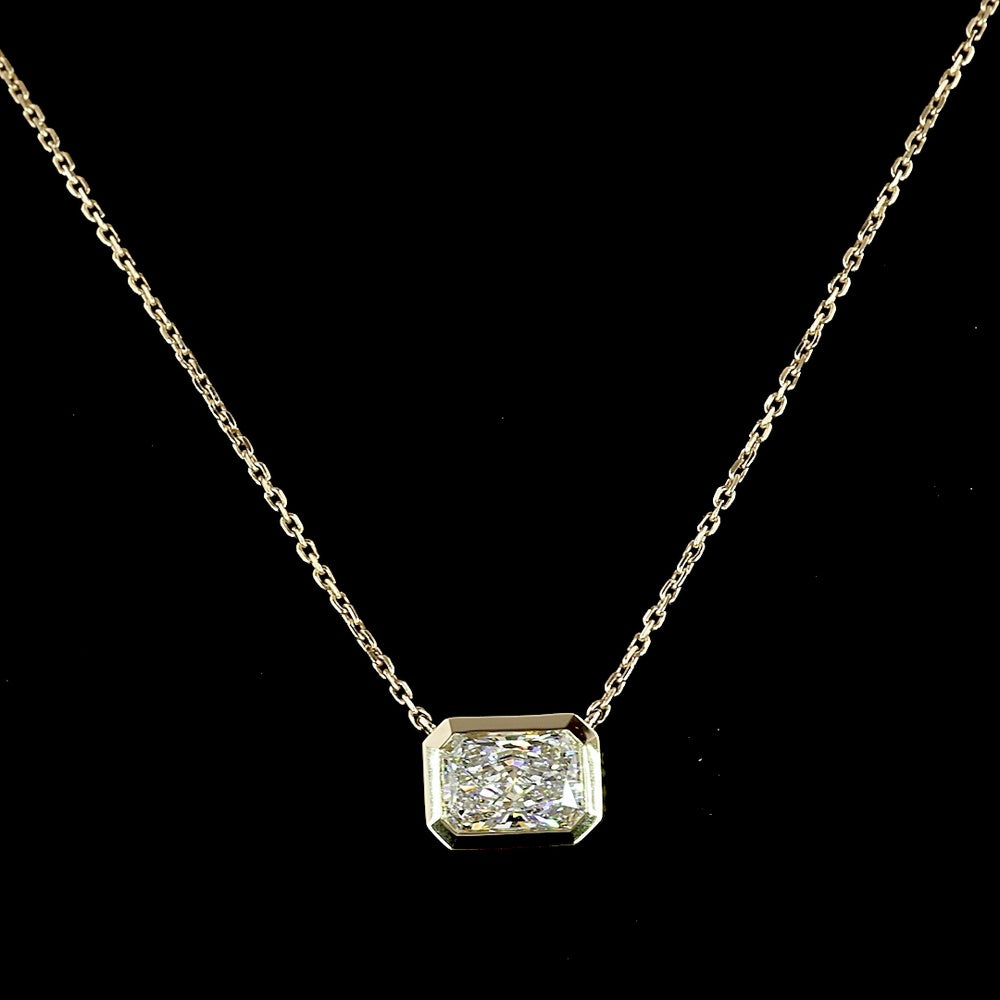 14K Yellow Gold East-West Solitaire Pendant with 1.04 Carat Emerald Cut Lab Diamond - D Color IF Clarity Bezel Set - Covaloro Fine Jewelry