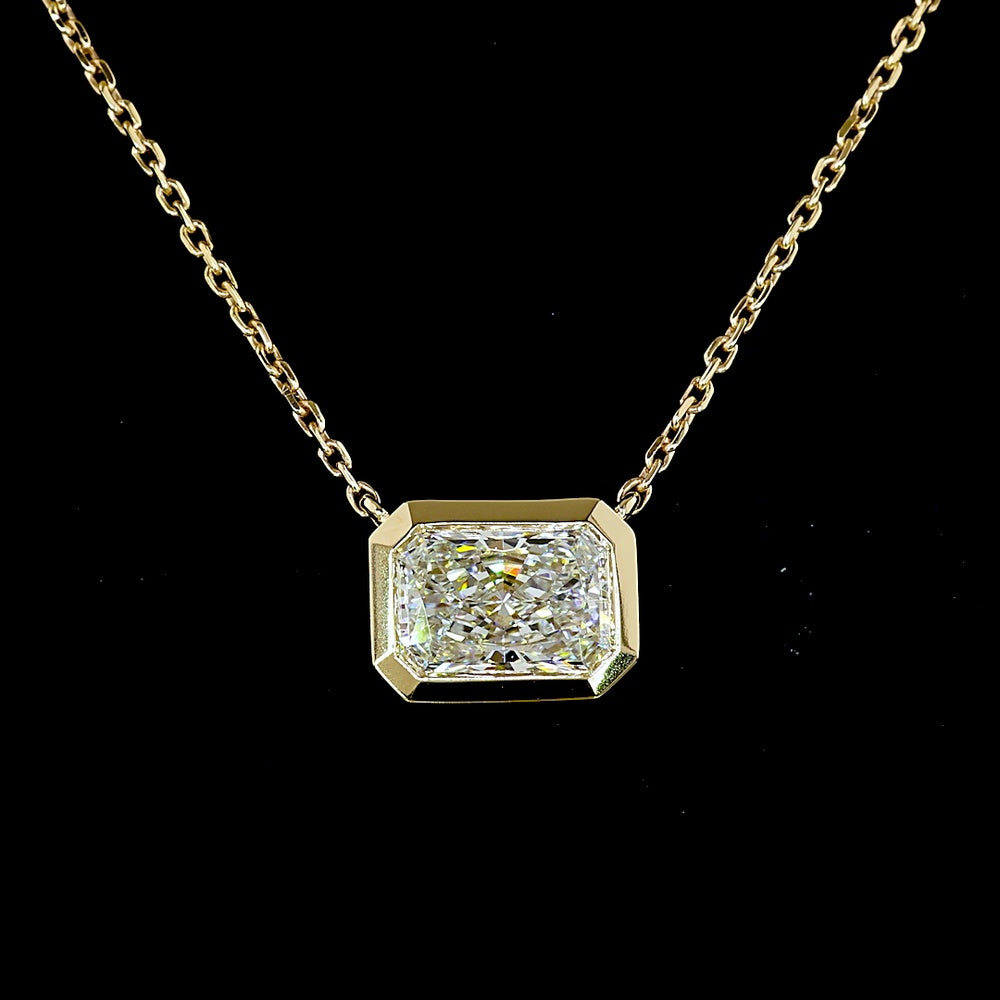 14K Yellow Gold East-West Solitaire Pendant with 1.04 Carat Emerald Cut Lab Diamond - D Color IF Clarity Bezel Set - Covaloro Fine Jewelry
