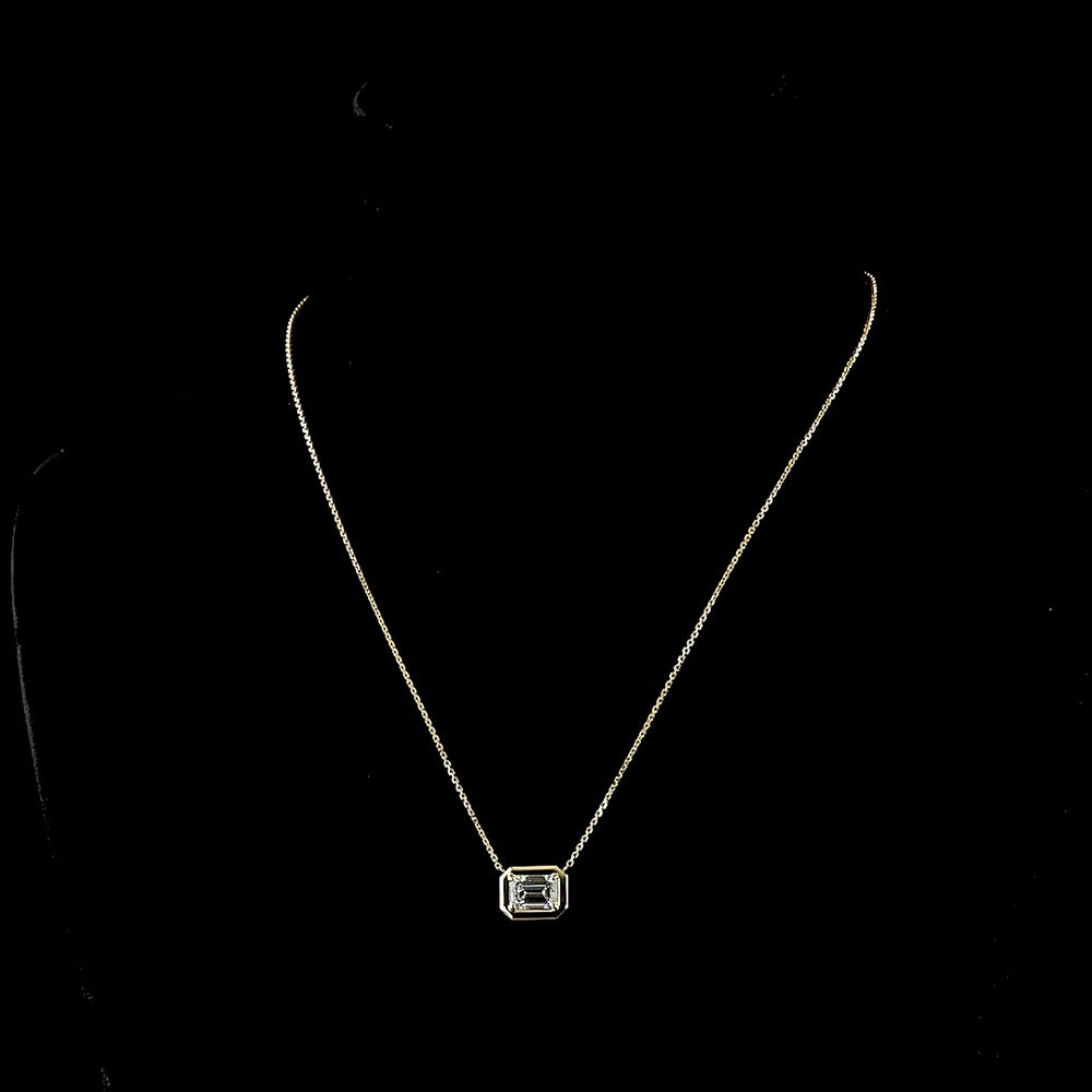 14K Yellow Gold East-West Solitaire Pendant with 1.55 Carat Emerald Cut Lab Diamond - D VVS2 Clarity IGI Certified - Covaloro Fine Jewelry
