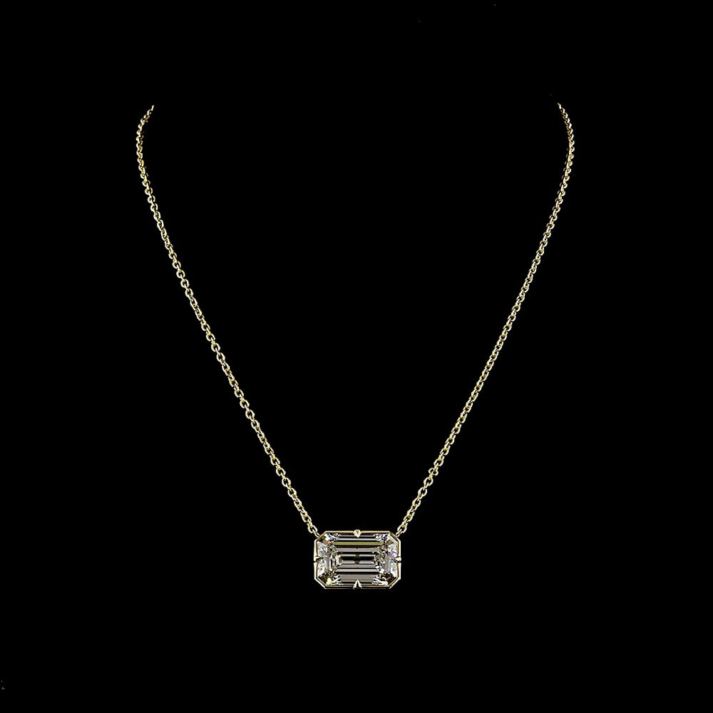 14K Yellow Gold East-West Solitaire Pendant with 11.11 Carat Emerald Cut Lab Diamond - IGI Certified E-F VVS2 - Covaloro Fine Jewelry