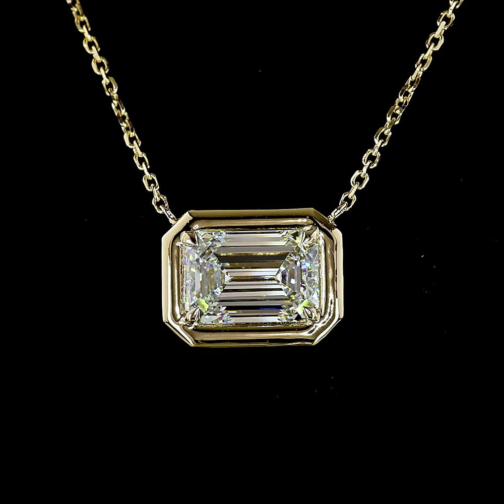 14K Yellow Gold East-West Solitaire Pendant with 3.01 Carat Emerald Cut Lab Diamond - E-F Color, VVS2 Clarity, IGI Certified - Covaloro Fine Jewelry
