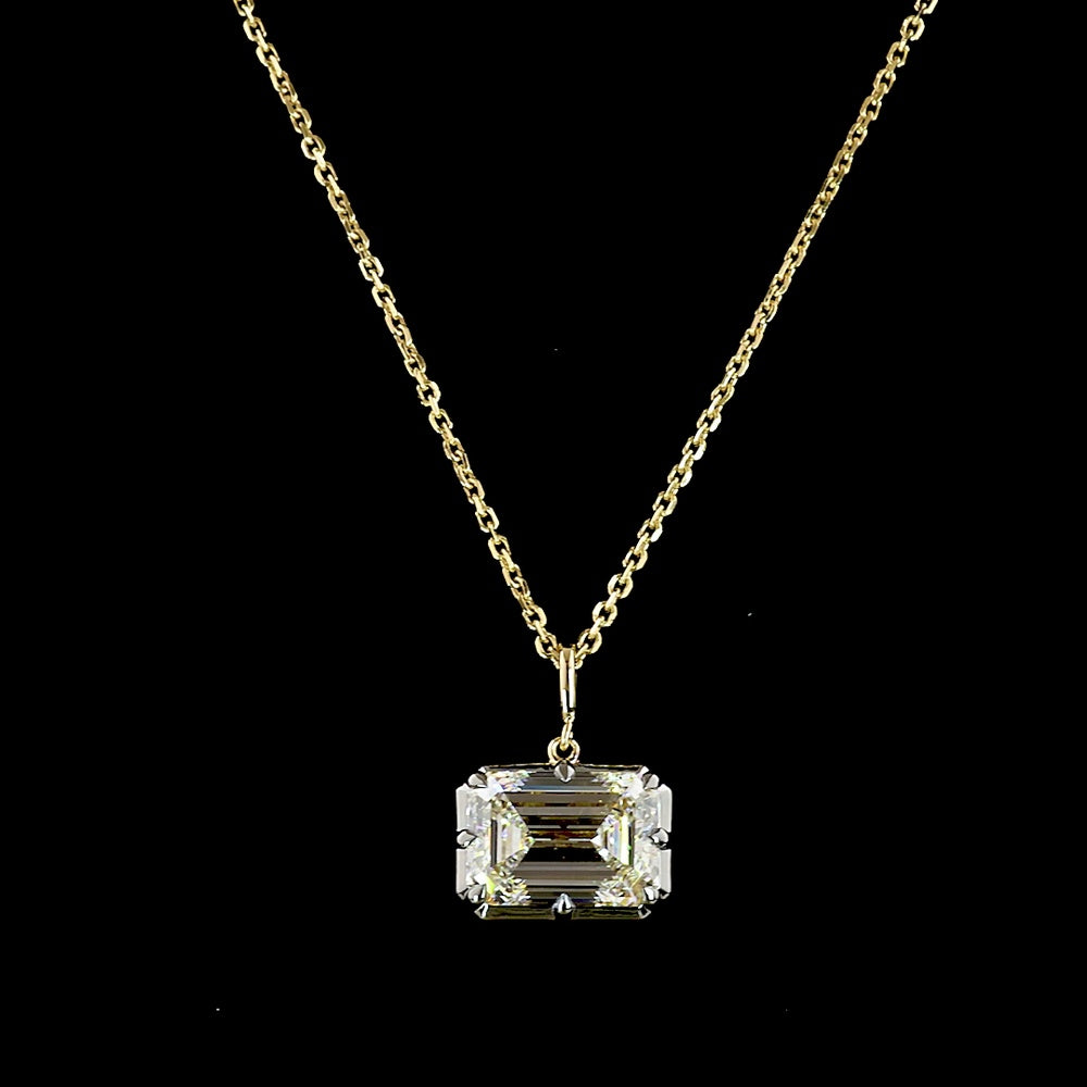 14K Yellow Gold East-West Solitaire Pendant with 3.60 Carat Emerald Cut Lab Diamond - E-F Color, VVS2 Clarity - Covaloro Fine Jewelry