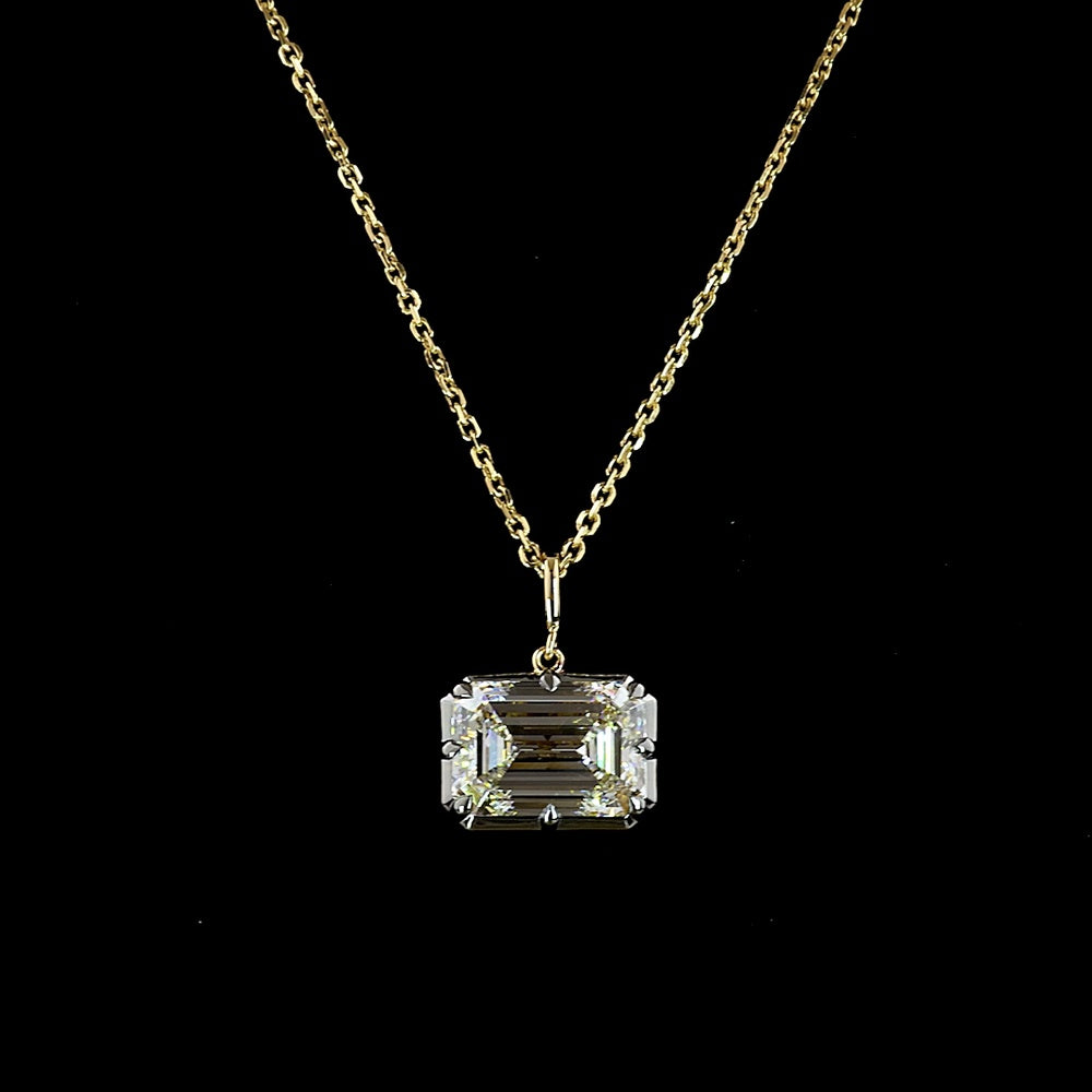 14K Yellow Gold East-West Solitaire Pendant with 3.60 Carat Emerald Cut Lab Diamond - E-F Color, VVS2 Clarity - Covaloro Fine Jewelry