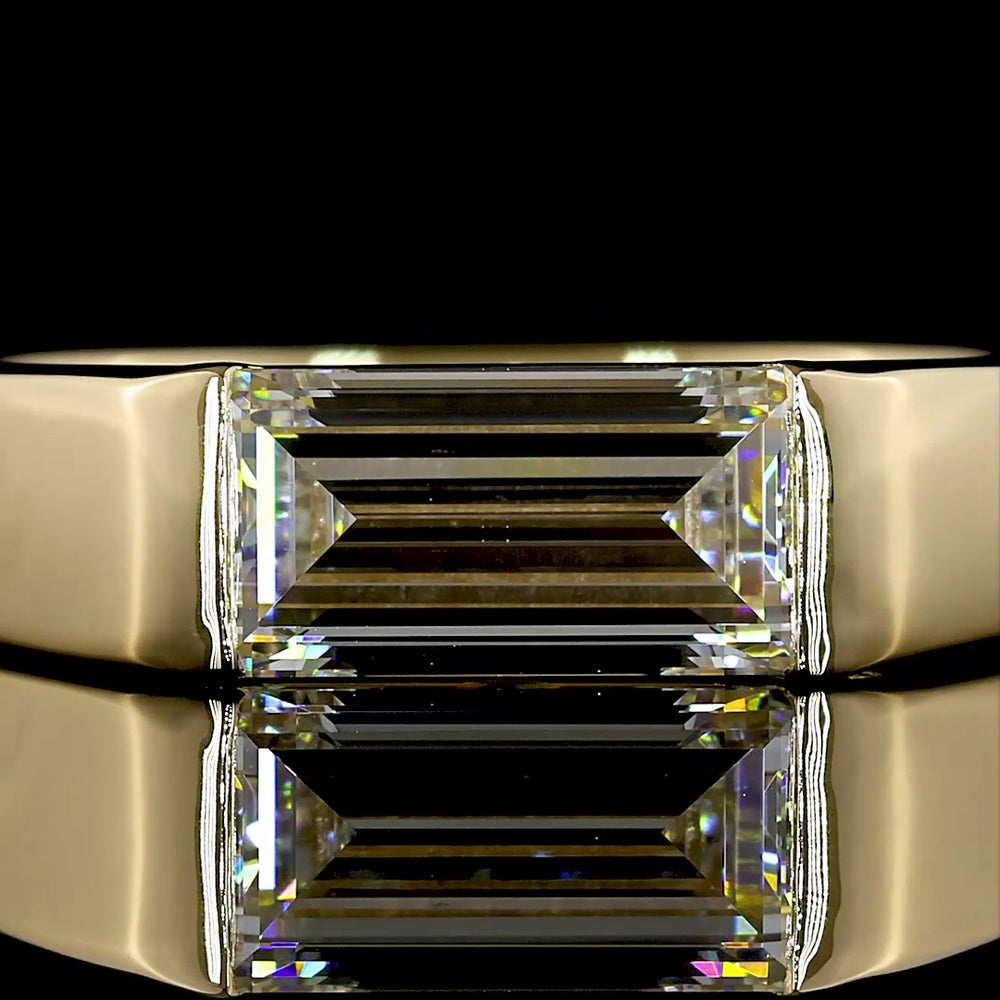 14K Yellow Gold East-West Solitaire Ring with 1.30 Carat Half Bezel Set Baguette Lab Diamond - E-F Color VVS2 Clarity - Covaloro Fine Jewelry