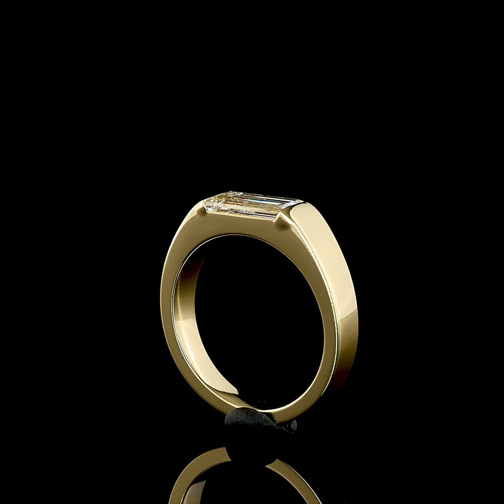 14K Yellow Gold East-West Solitaire Ring with 1.30 Carat Half Bezel Set Baguette Lab Diamond - E-F Color VVS2 Clarity - Covaloro Fine Jewelry