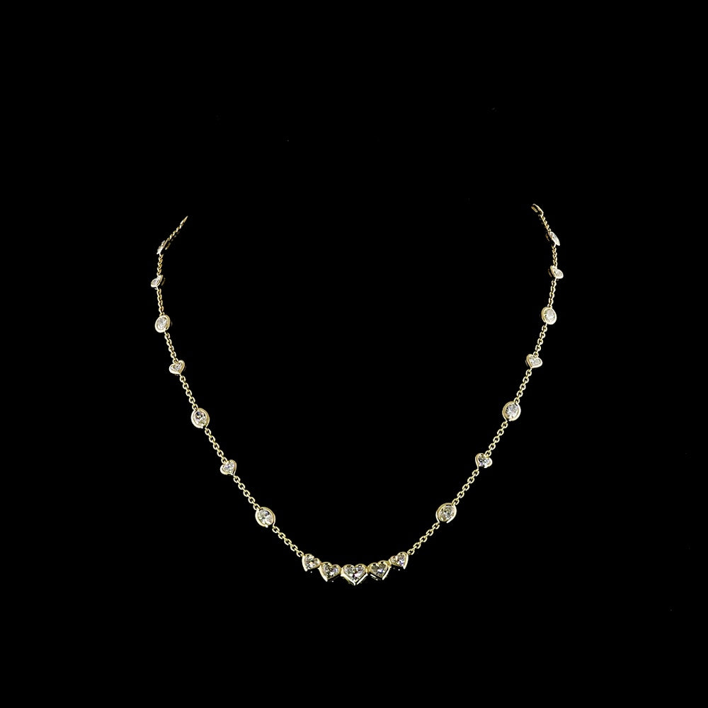 14K Yellow Gold East-West Station Necklace with 4.61 Carats Lab Diamonds - Oval and Heart Cut Bezel Set Stones (E-F VS2) - Covaloro Fine Jewelry