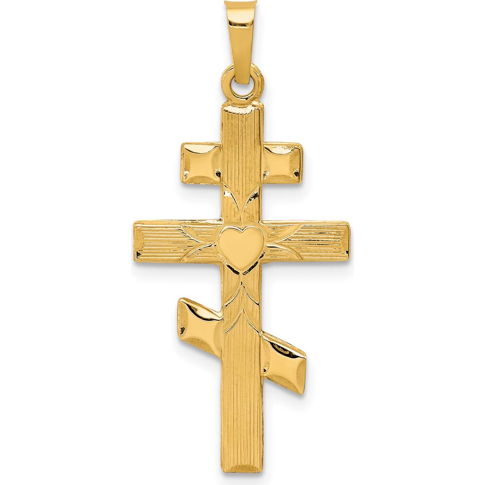 14K Yellow Gold Eastern Orthodox Cross with Heart Pendant - Textured Finish by Oro Pregiato