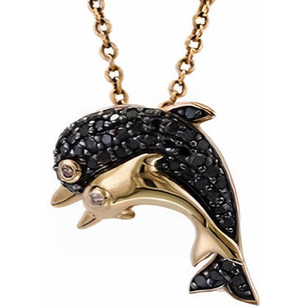 14K Yellow Gold EFFY Black Diamond Dolphin Pendant - 0.18 Carat Total Diamond Weight