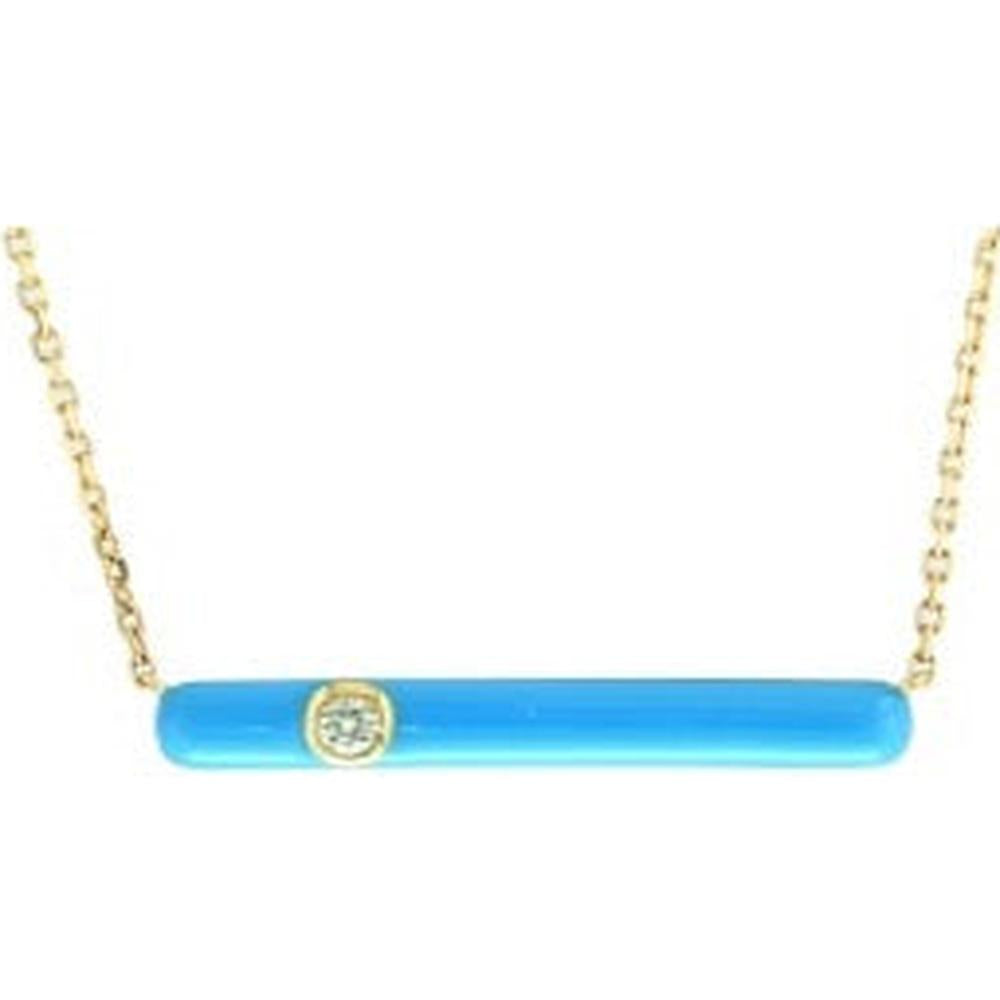 14K Yellow Gold EFFY Blue Enamel Bar Necklace with Bezel Set Round Diamond - 0.05 Carat Total Diamond Weight