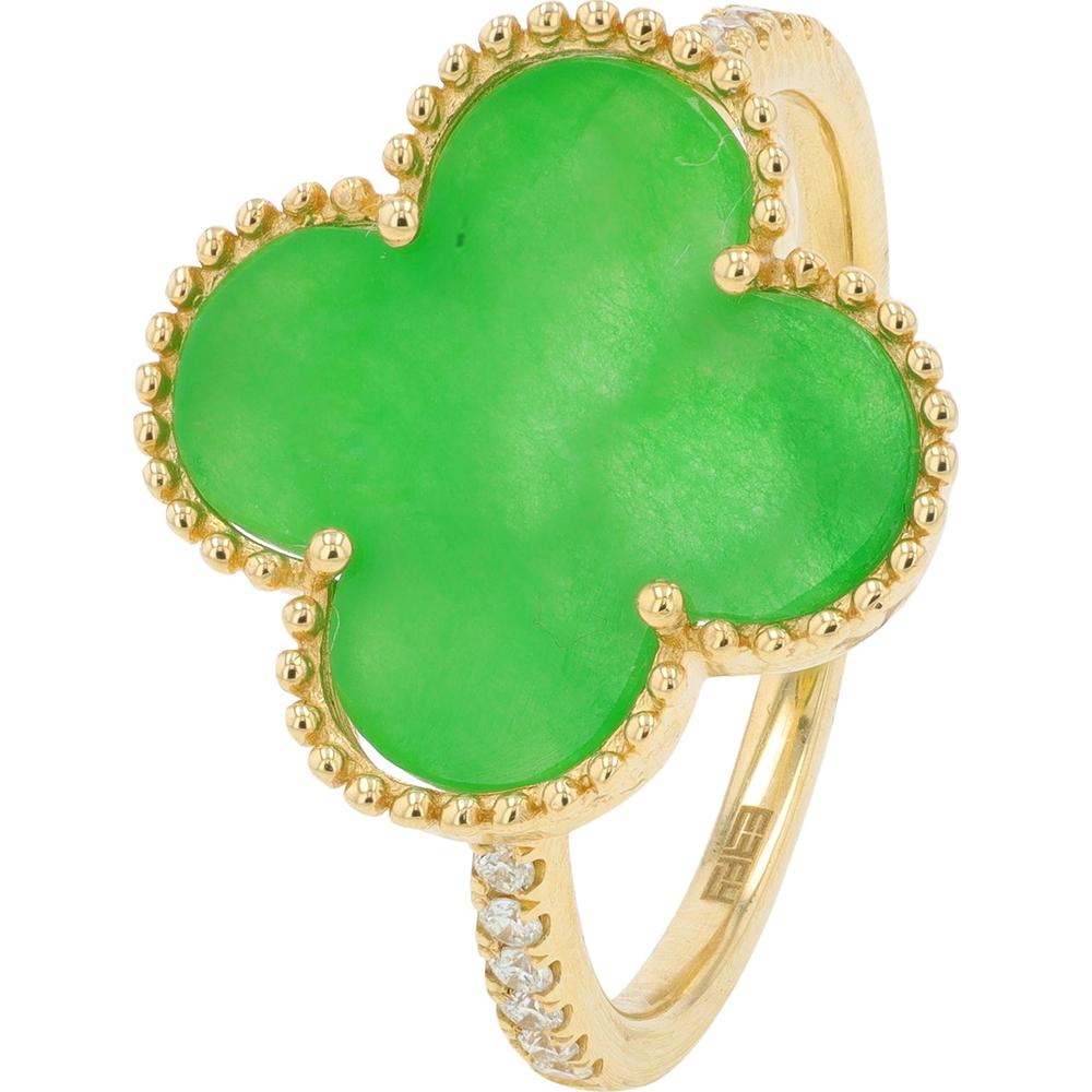 14K Yellow Gold EFFY Clover Motif Ring with Cabochon Jade - 3.20 Carat Total Jade Weight and Diamond Accents - 0.08 Carat Total Diamond Weight