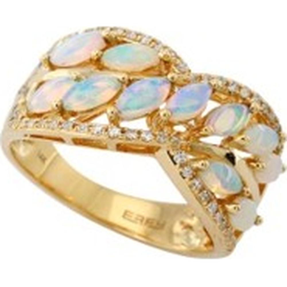 14K Yellow Gold EFFY Crossover Ring with Oval Cabochon Opals and Diamond Accents - 1.22 Carat Opal, 0.17 Carat Diamond Weight