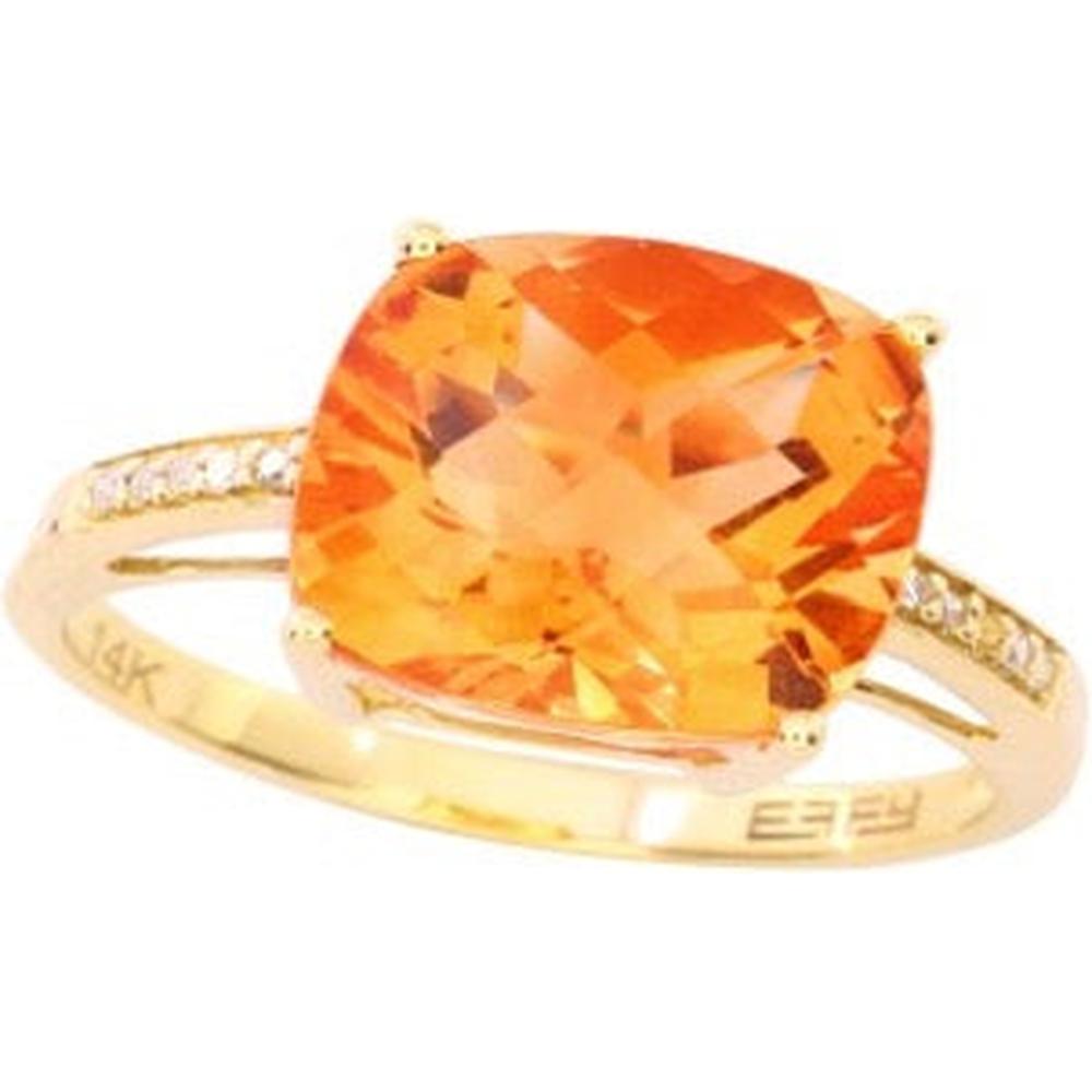 14K Yellow Gold Effy Cushion Cut Citrine Ring with Diamond Accent - 5.15 Carats Citrine, 0.04 Carats Diamond