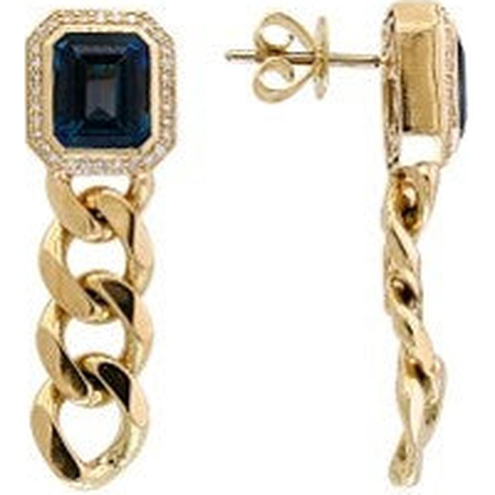 14K Yellow Gold EFFY Drop Earrings with Emerald - Cut London Blue Topaz and Diamond Halo - 5.70 Carat Total Color Weight, 0.31 Carat Total Diamond Weight