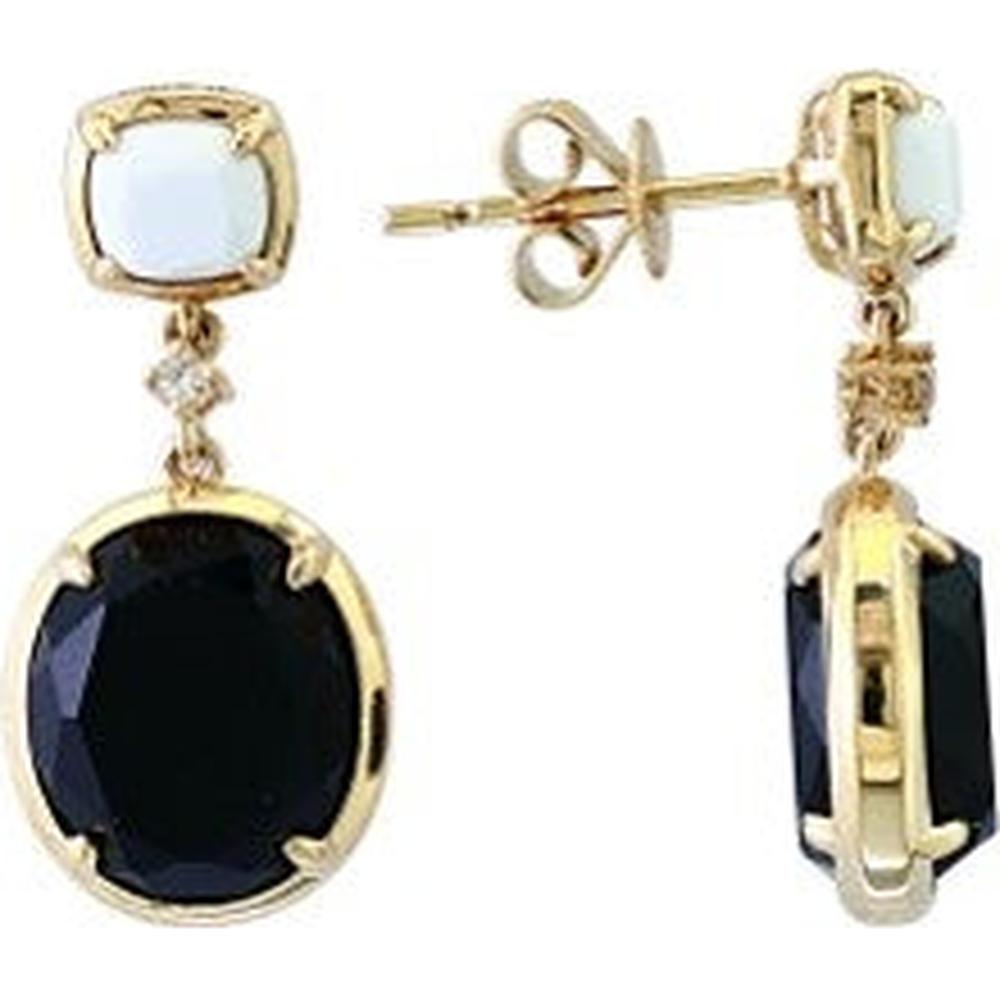 14K Yellow Gold EFFY Drop Earrings with Oval Black Onyx, Cushion White Agate, and Diamond Accent - 10.73 Carat Total Gem Weight