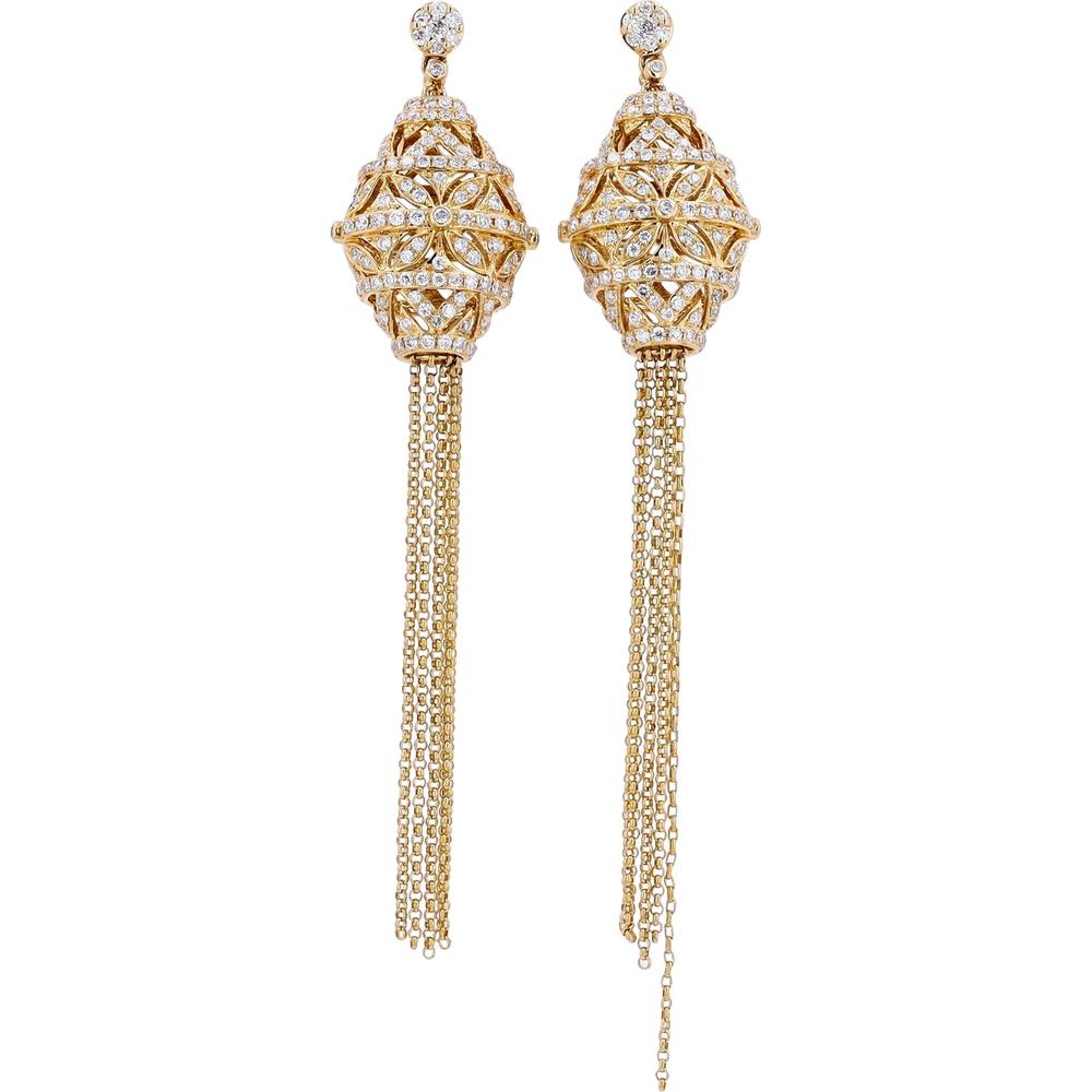 14K Yellow Gold EFFY Filigree Drop Chain Earrings with Pavé Set Round Diamonds - 1.54 Carat Total Diamond Weight
