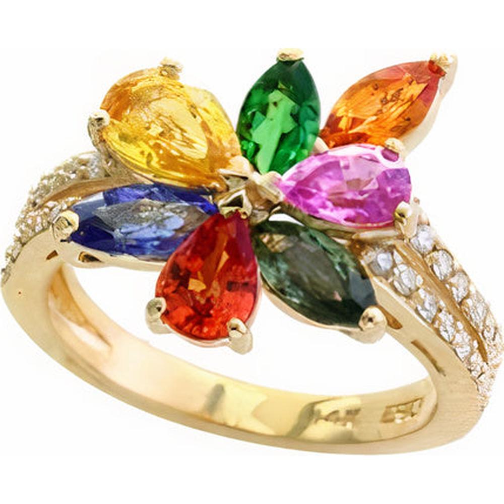 14K Yellow Gold EFFY Flower Ring with Pear - Shaped Multicolor Sapphires and Pavé Diamonds - 3.75 Carat Total Sapphire Weight, 0.29 Carat Total Diamond Weight