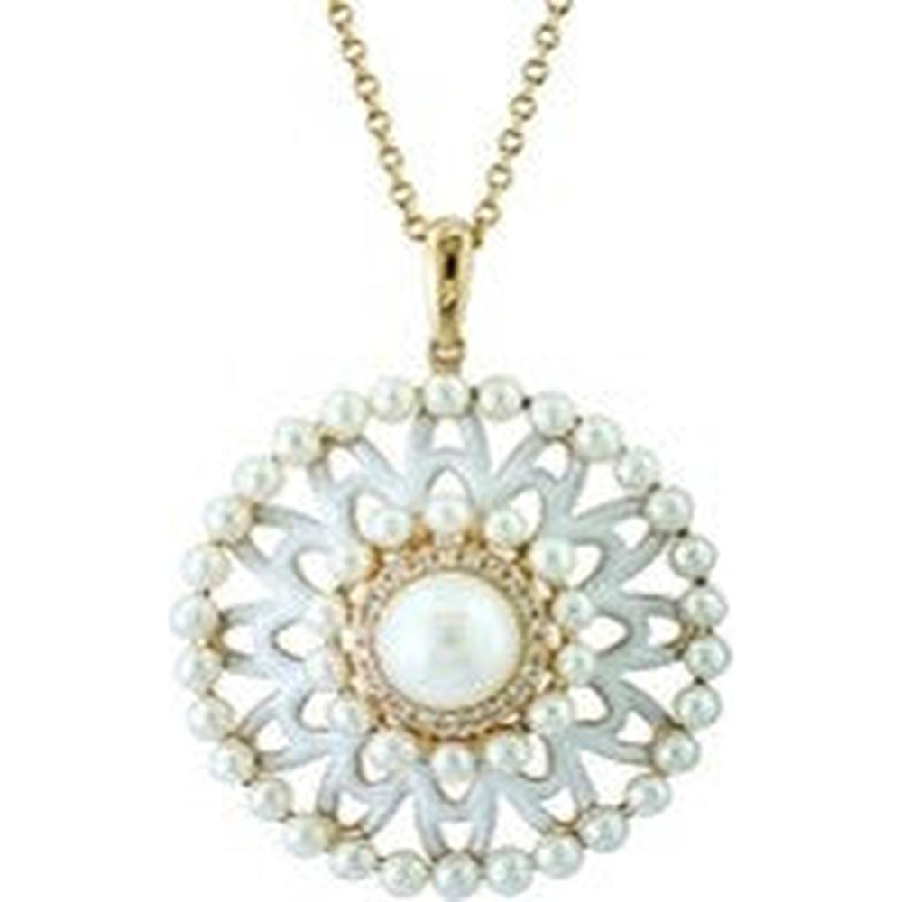 14K Yellow Gold EFFY Freshwater Pearl Floral Halo Pendant Necklace with Diamond Accents - 0.07 Carat Total Diamond Weight
