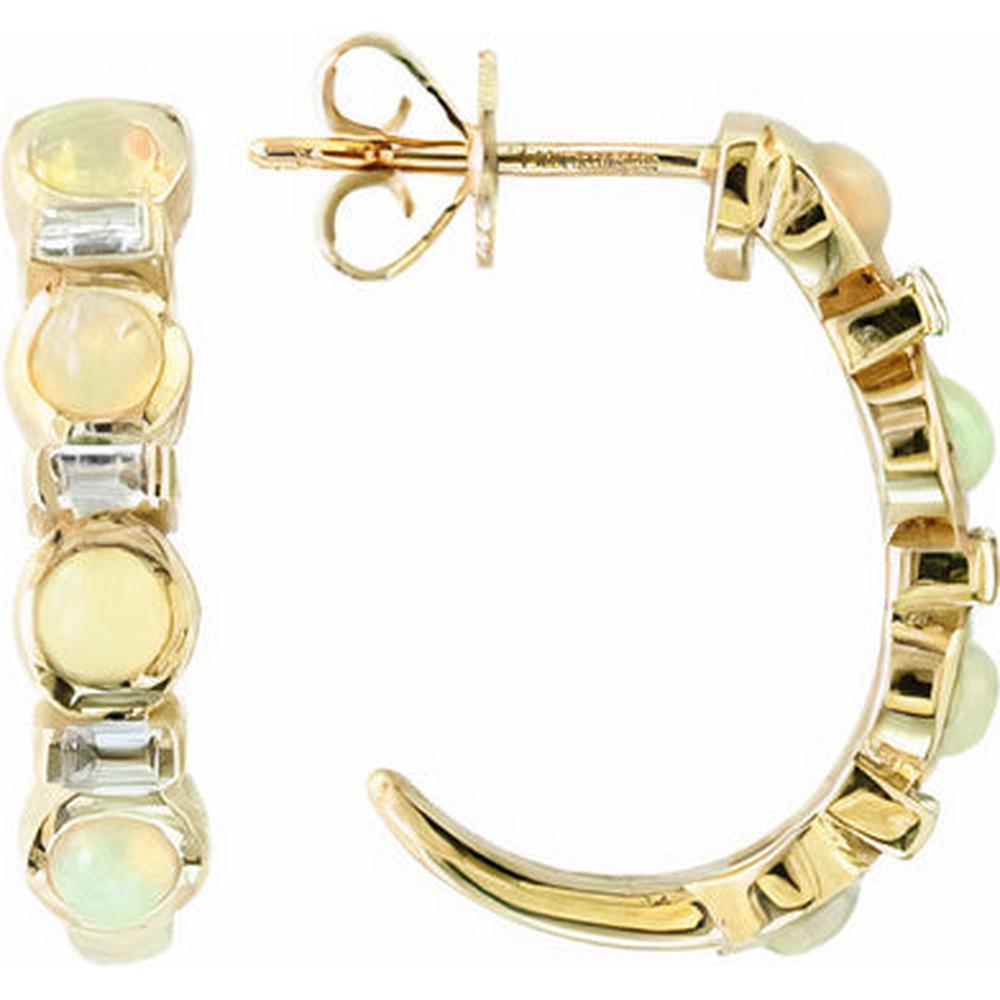 14K Yellow Gold EFFY J-Hoop Earrings with Cabochon-Cut Opals and Diamond Accents - 0.75 Carat Total Opal Weight, 0.20 Carat Total Diamond Weight