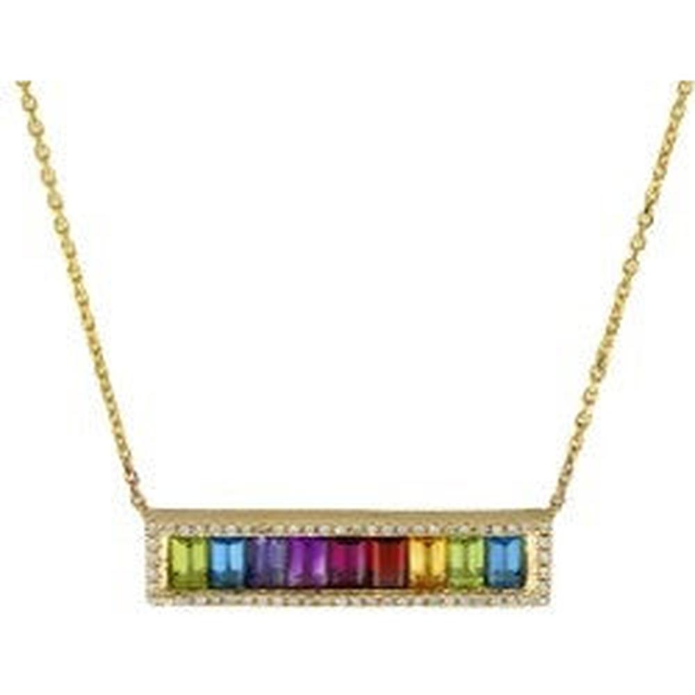 14K Yellow Gold EFFY Multicolor Bar Pendant Necklace with Channel - Set Baguette Gemstones and Diamond Frame - 3.30 Carat Total Color Weight, 0.24 Carat Total Diamond Weight