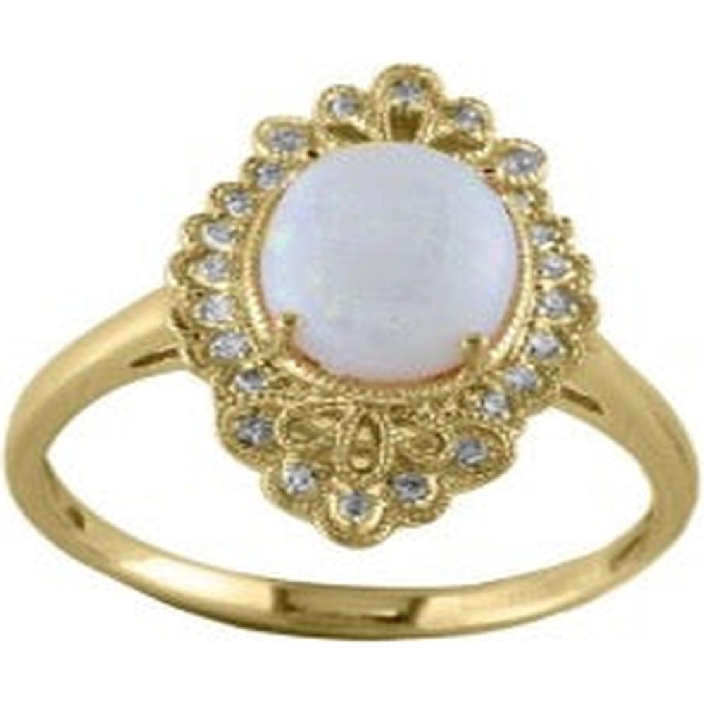 14K Yellow Gold EFFY Ring with Oval Cabochon Opal and Diamond Halo - 0.90 Carats Opal, 0.09 Carats Diamond Total Weight