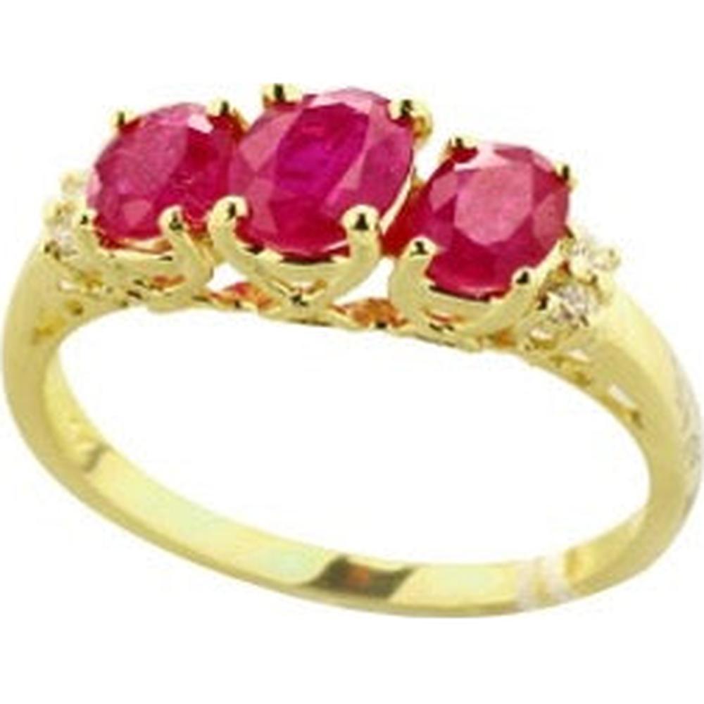 14K Yellow Gold EFFY Three - Stone Oval Ruby Ring with Diamond Accents - 2.09 Carat Total Ruby Weight, 0.08 Carat Total Diamond Weight