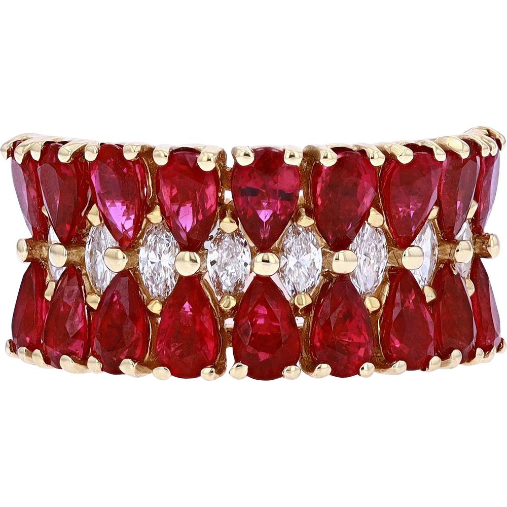 14K Yellow Gold EFFY Wide Band Ring with Pear - Shaped Rubies and Marquise Diamonds - 5.13 Carat Ruby TW, 0.49 Carat Diamond TW