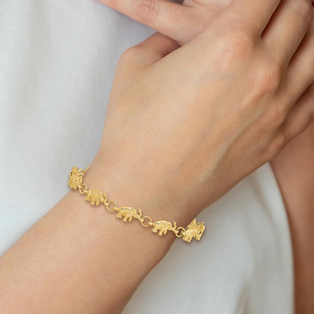 14K Yellow Gold Elephant Charm Bracelet - 7" Length with Polished and Textured Detail by Oro Pregiato
