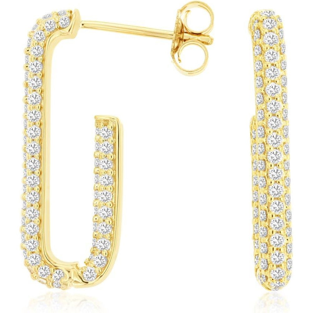 14K Yellow Gold Elongated Geometric Huggie Earrings with Pavé Set Round Diamonds - 1.00 Carat Total Diamond Weight - Royal Jewelry