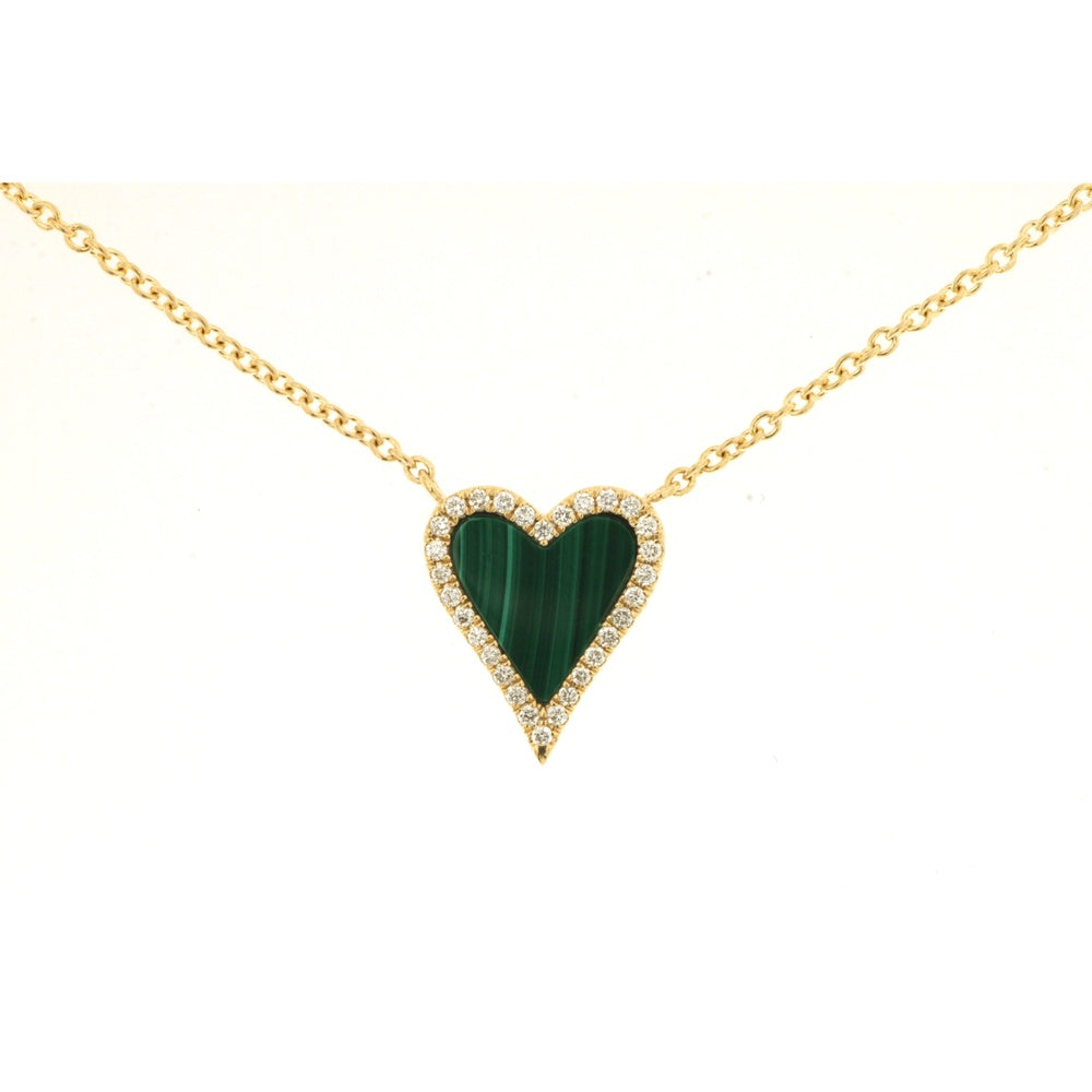 14K Yellow Gold Elongated Heart Pendant Necklace with Halo Set Round Diamonds and Malachite Center - 0.10 Carat Total Diamond Weight - Royal Jewelry