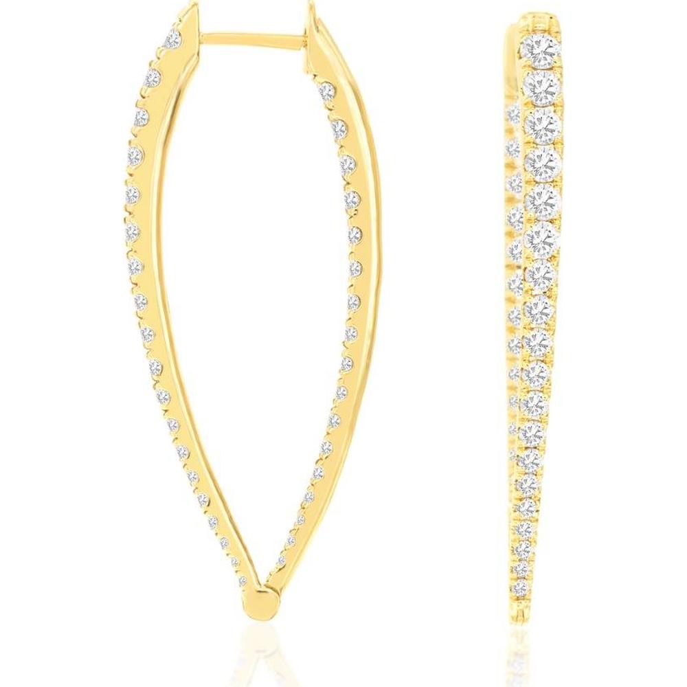 14K Yellow Gold Elongated Hoop Earrings with Round Diamonds - 2.10 Carat Total Diamond Weight - Royal Jewelry