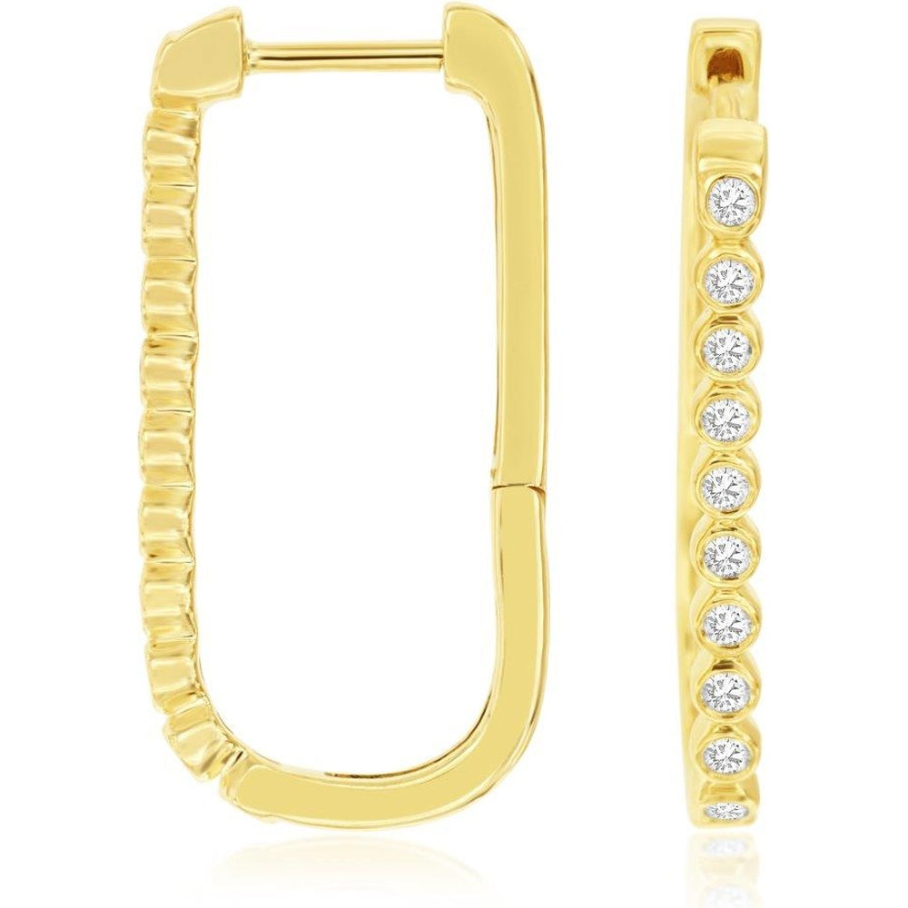 14K Yellow Gold Elongated Huggie Hoop Earrings with Bezel-Set Round Diamonds - 0.25 Carat Total Diamond Weight - Royal Jewelry