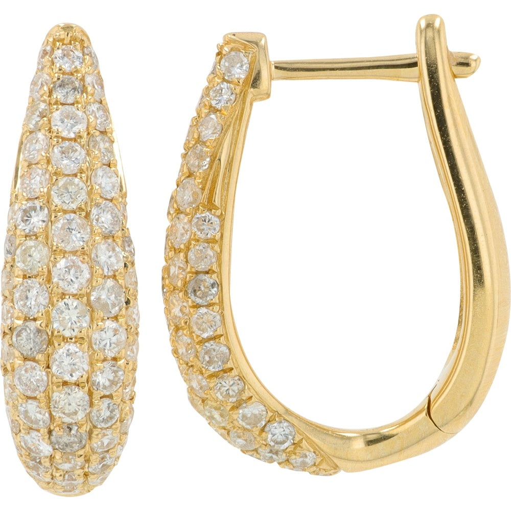 14K Yellow Gold Elongated Huggie Hoop Earrings with Multi-Row Prong-Set Round Diamonds - 1.10 Carat Total Diamond Weight