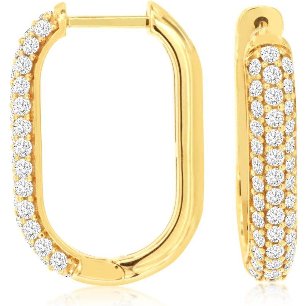 14K Yellow Gold Elongated Huggie Hoop Earrings with Prong-Set Round Diamonds - 1.00 Carat Total Diamond Weight - Royal Jewelry