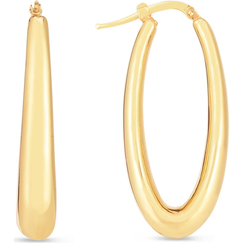 14K Yellow Gold Elongated Oval Hoop Earrings with Hinged Clasp - 4.50g Polished Finish by Orozza Fine Jewelry