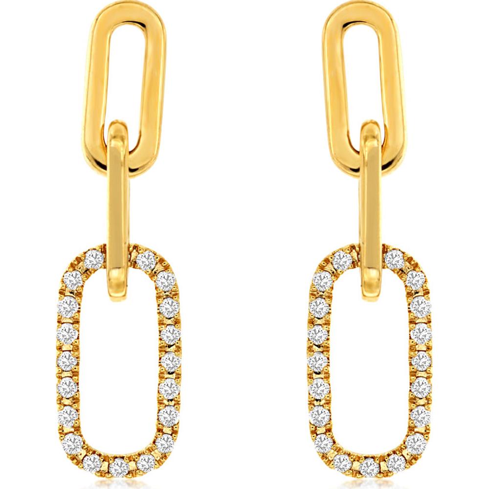 14K Yellow Gold Elongated Oval Link Drop Earrings with Round Diamonds - 0.20 Carat Total Diamond Weight - Royal Jewelry