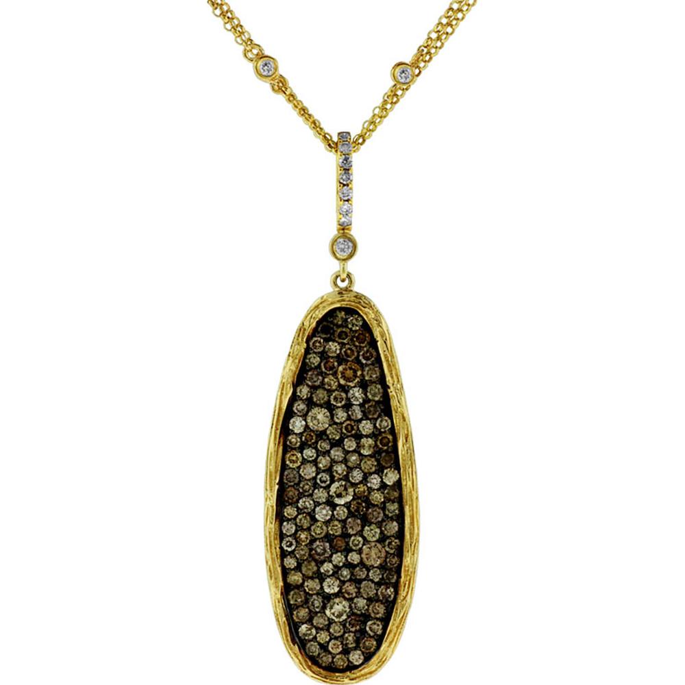 14K Yellow Gold Elongated Pendant with Round Mocha and White Diamonds - 1.81 Carat Total Diamond Weight - Royal Jewelry