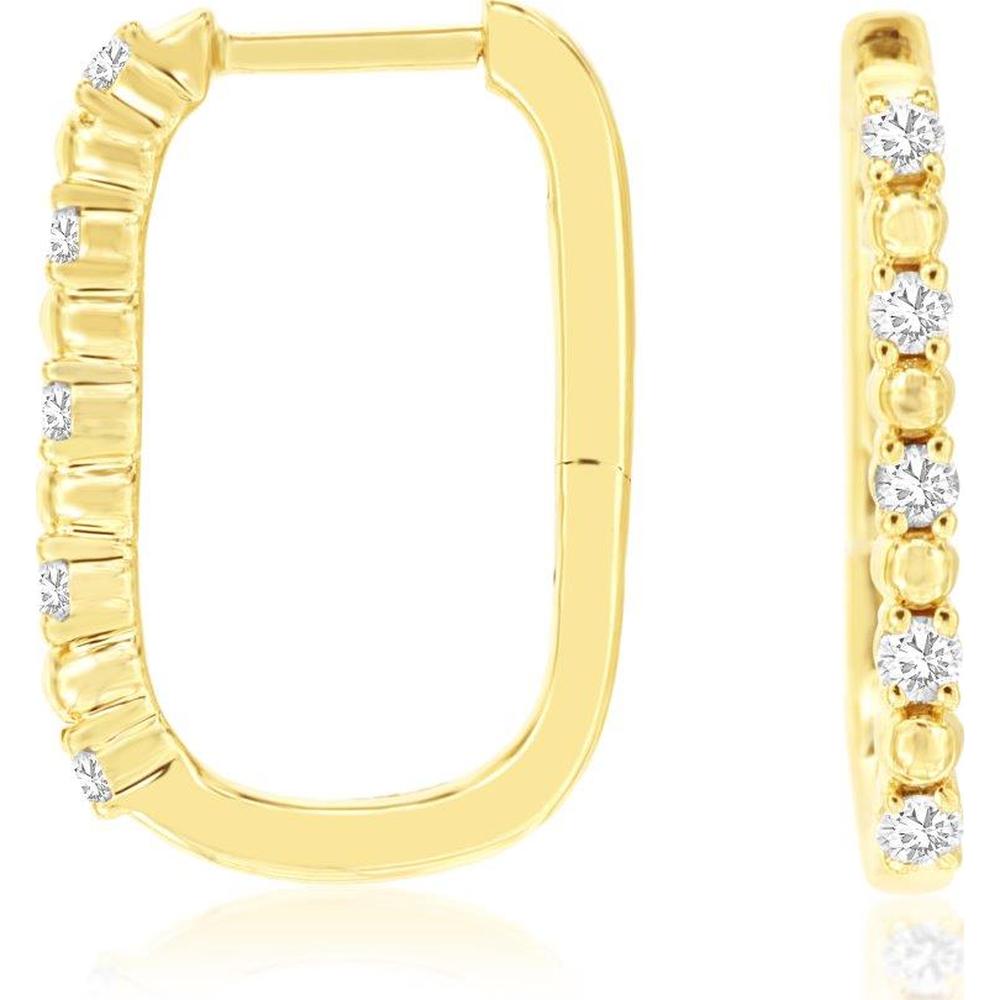 14K Yellow Gold Elongated Square Hoop Earrings with Bead-Set Round Diamonds - 0.22 Carat Total Diamond Weight - Royal Jewelry