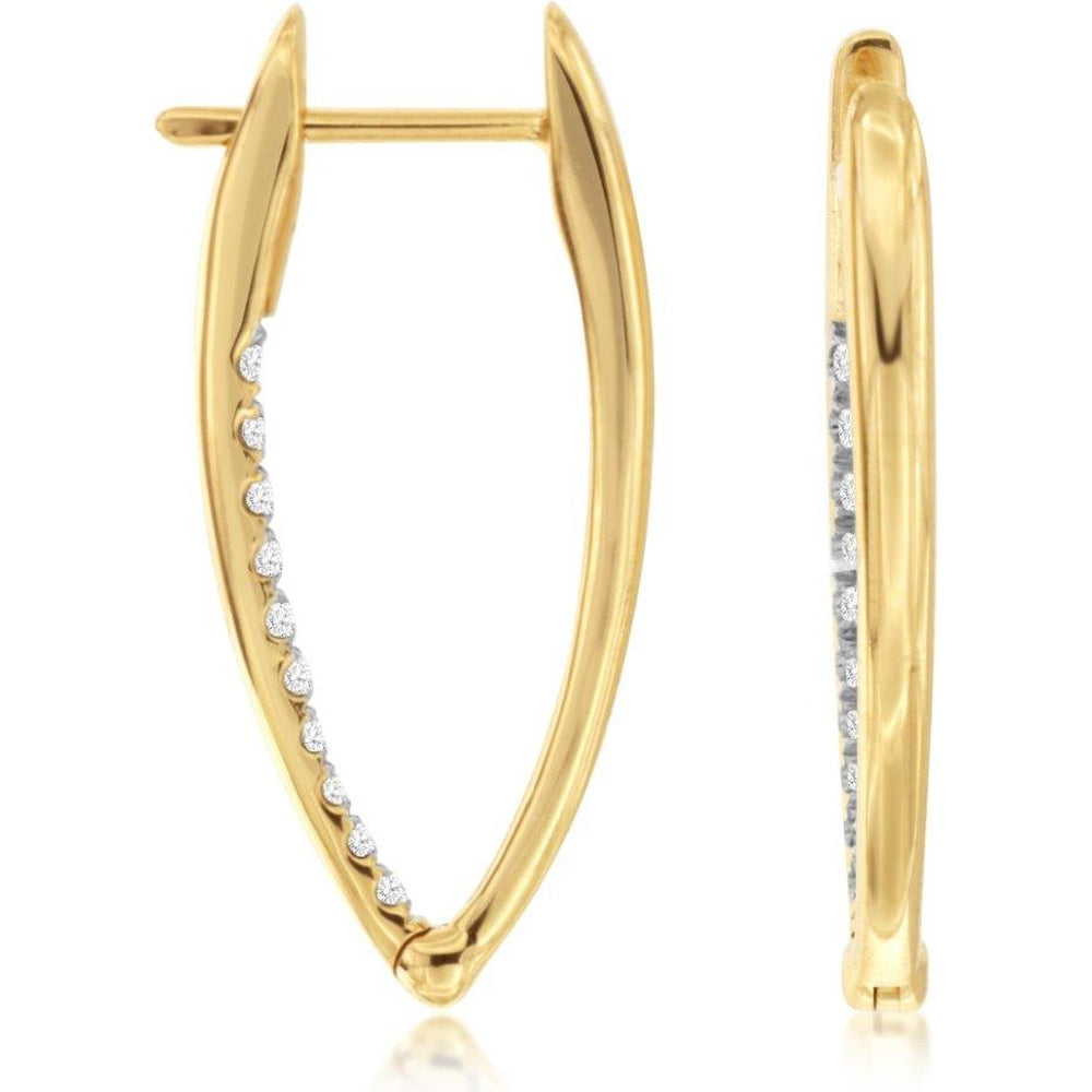 14K Yellow Gold Elongated Teardrop Hoop Earrings with Channel-Set Round Diamonds - 0.20 Carat Total Diamond Weight - Royal Jewelry