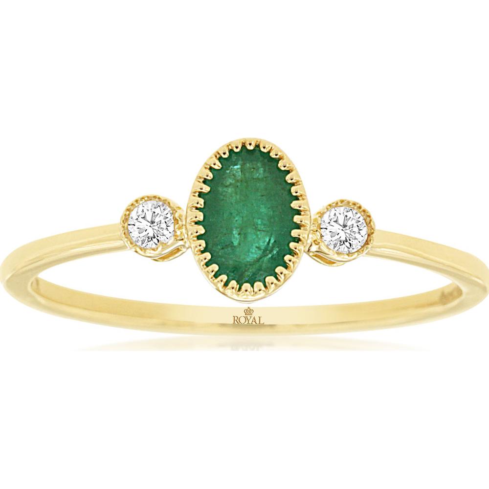 14K Yellow Gold Emerald & Diamond 3-Stone Ring - 0.44 Carats Total Emerald Weight, 0.12 Carats Total Diamond Weight