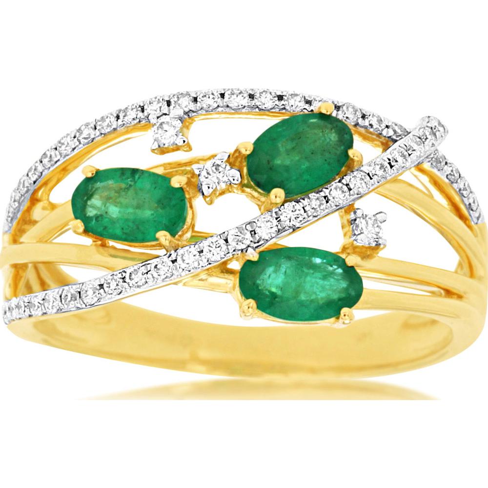 14K Yellow Gold Emerald & Diamond 3-Stone Ring with Oval Emeralds and Diamonds - 1.57 Carats Total Gem Weight