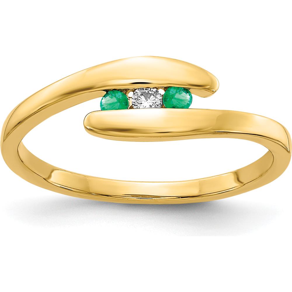 14K Yellow Gold Emerald and Diamond 3-Stone Ring with Round Cut Emeralds and Diamond - 0.08 Carat Total Gem Weight by 0