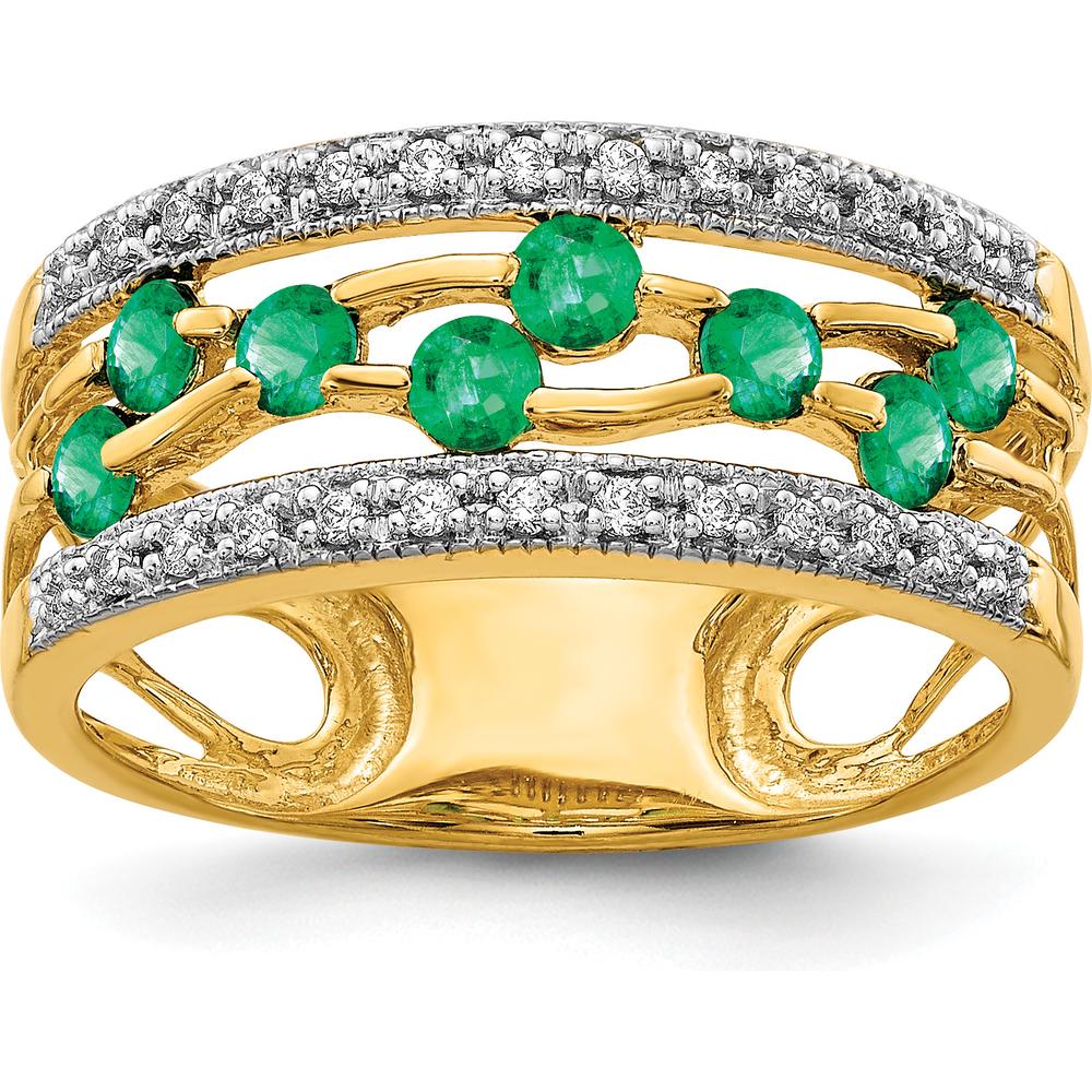 14K Yellow Gold Emerald and Diamond Band Ring with 8 Round Emeralds and 26 Diamonds - 0.06 Carat Total Emerald Weight by 0