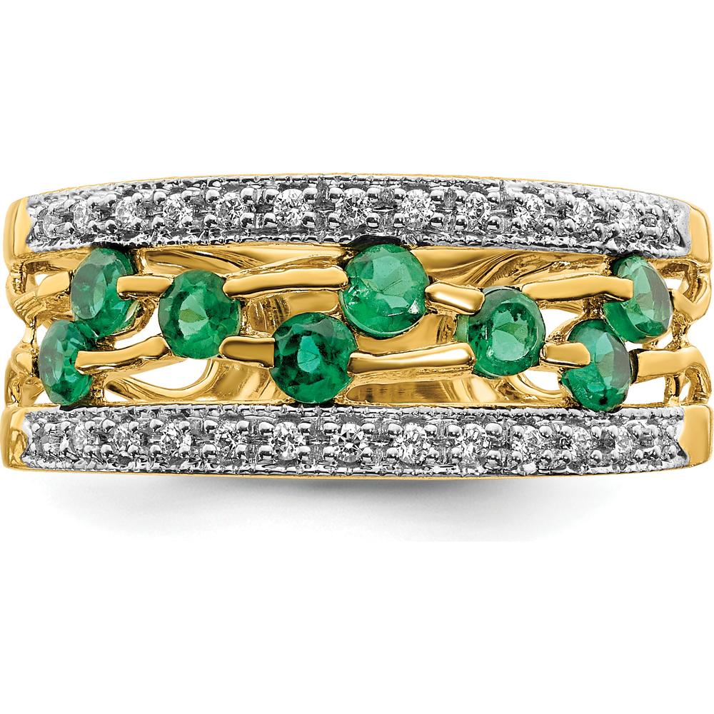 14K Yellow Gold Emerald and Diamond Band Ring with 8 Round Emeralds and 26 Diamonds - 0.06 Carat Total Emerald Weight by 0