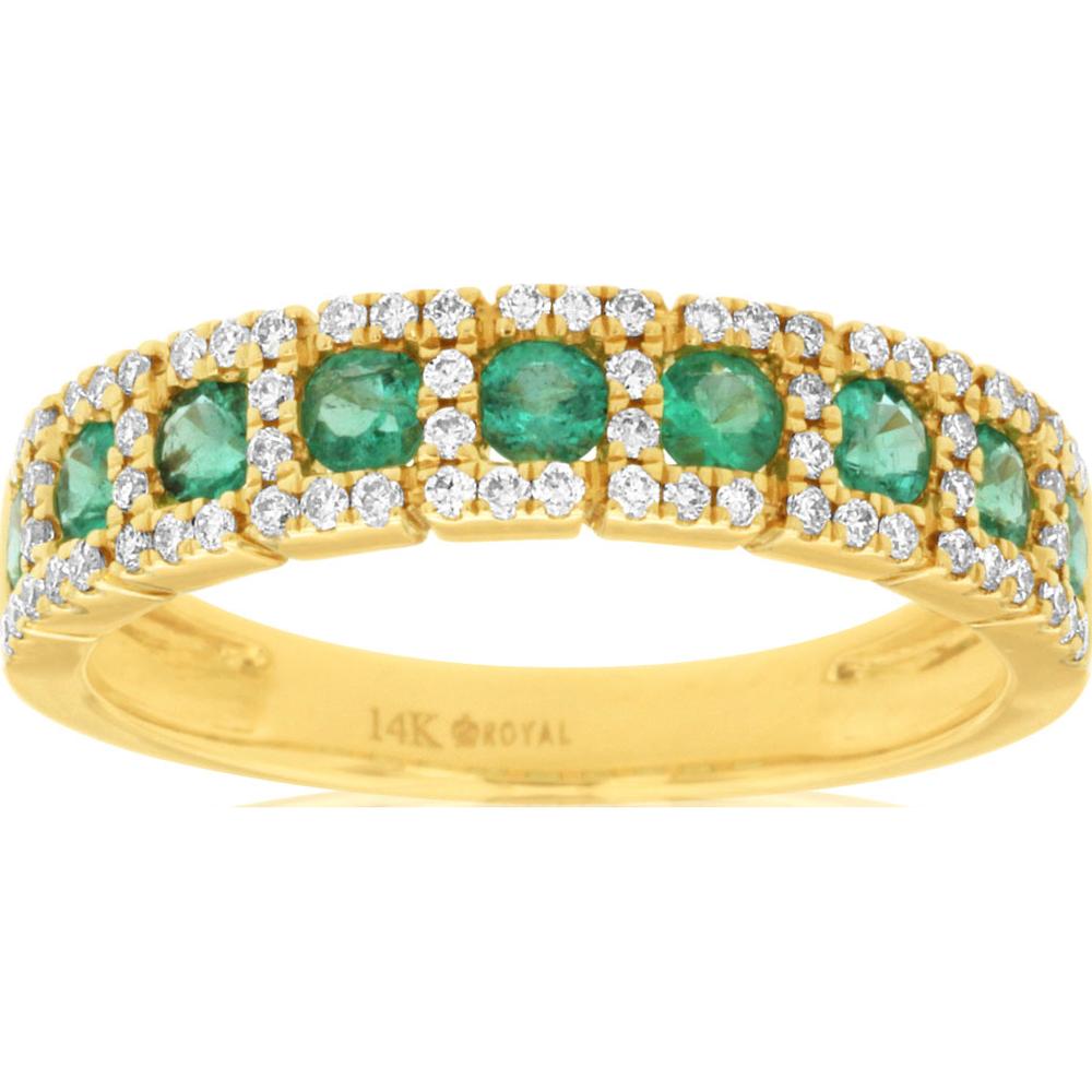 14K Yellow Gold Emerald & Diamond Band with Round Emeralds - 0.52 Carats Total Emerald Weight, 0.27 Carats Total Diamond Weight