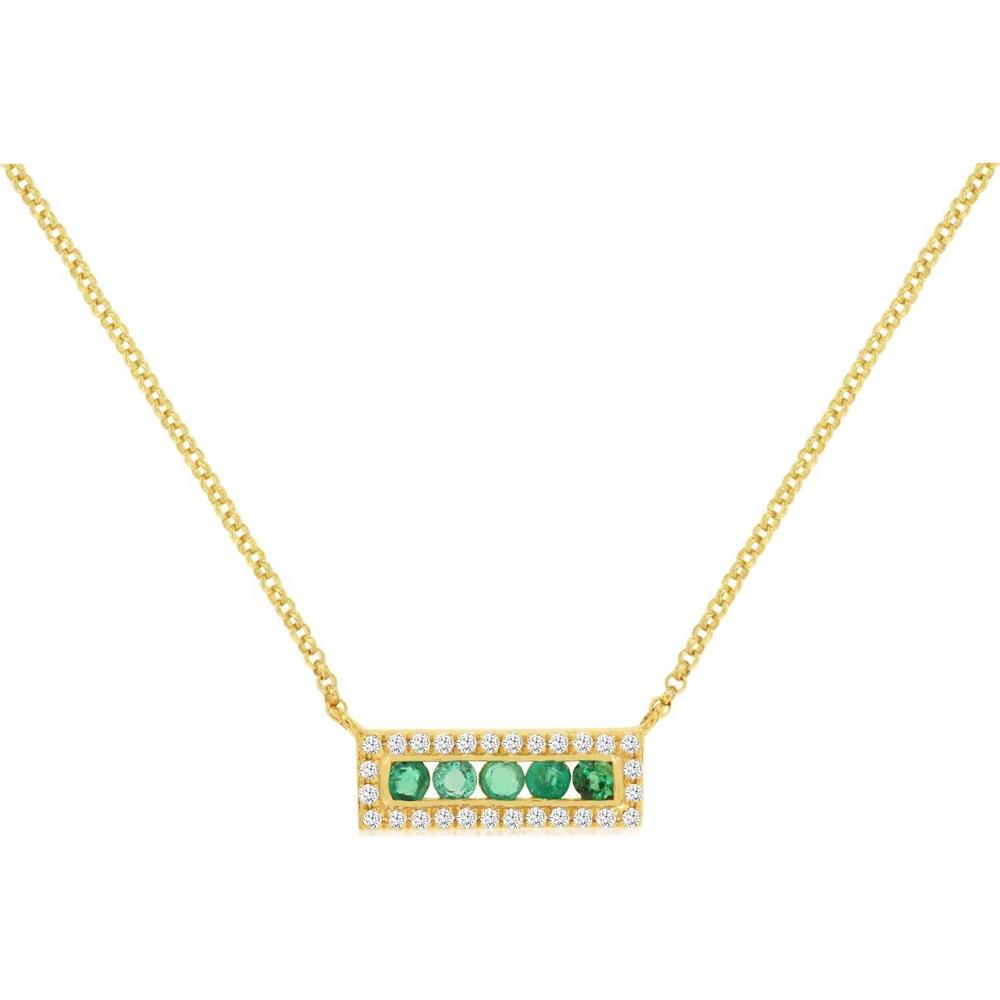 14K Yellow Gold Emerald and Diamond Bar Necklace with Round Cut Gemstones – 0.25 Carat Emerald Total Weight, 0.08 Carat Diamond Total Weight - Royal Jewelry