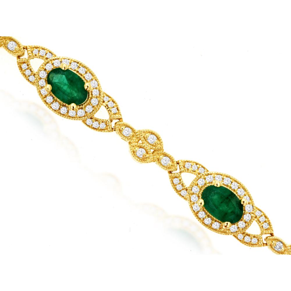 14K Yellow Gold Emerald & Diamond Bracelet - 3.10 Carats Emerald and 1.08 Carats Diamond Total Carat Weight
