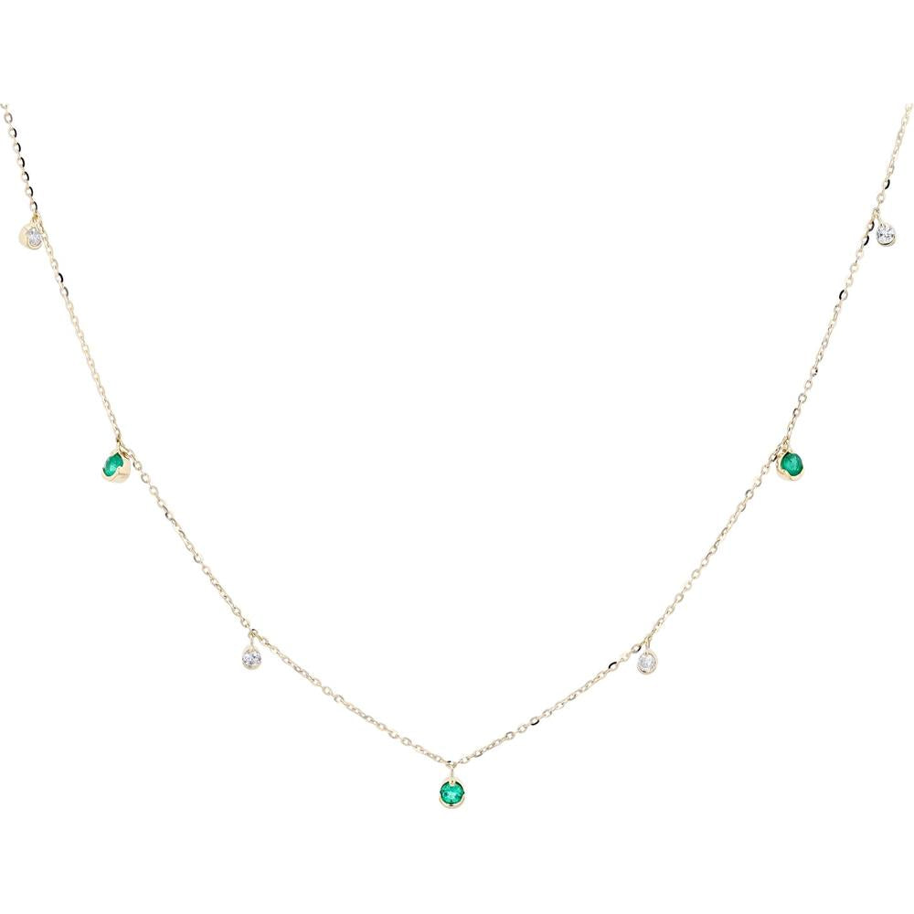 14K Yellow Gold Emerald and Diamond By The Yard Necklace - 0.16 Carat Total Emerald Weight, 0.11 Carat Total Diamond Weight